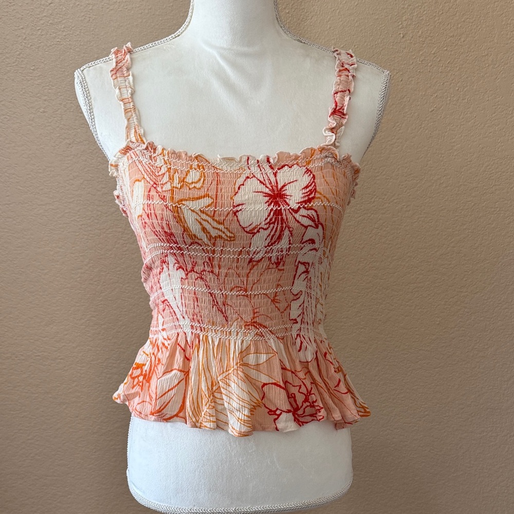 Patrons of Peace Smocked Floral Peplum Tank Top - Peach Floral